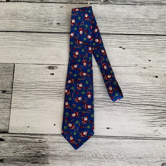Vintage Christmas Tie Blue Red Santa Xmas Classic Necktie Handmade Vintage 80s - Picture 1 of 8